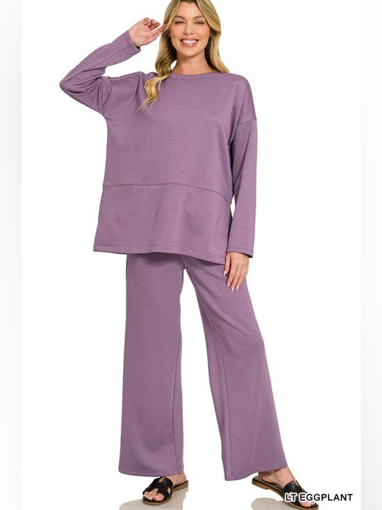 Zenana Outfitters Pants - 106 Zenana 2pc Set LT Eggplant Purple Super Soft SCUBA SIDE SLIT TOP & PANTS SET